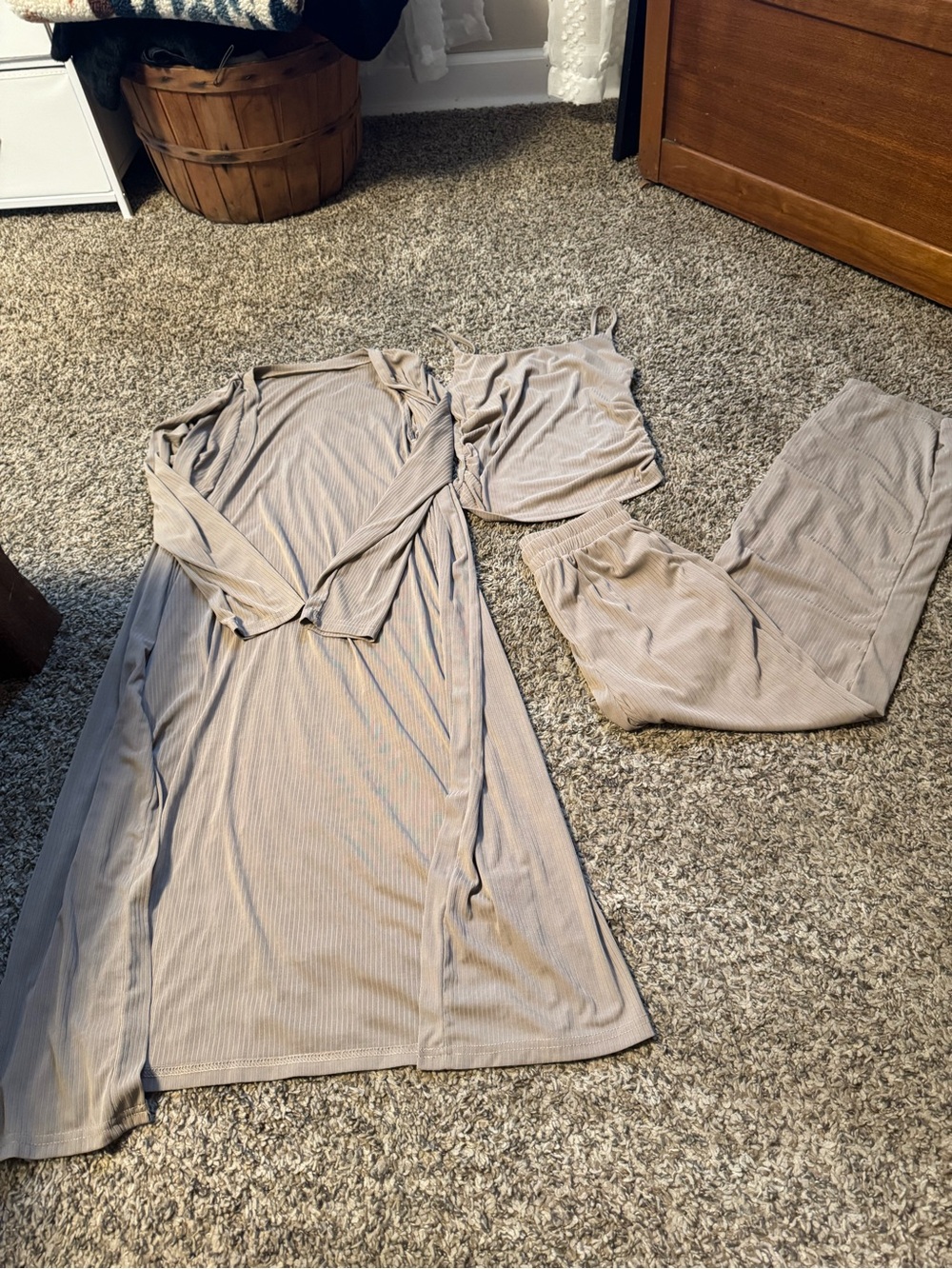 Three-Piece Taupe Ribbed Pajama Set – Tank, Pants & Robe - Picture 1 of 2